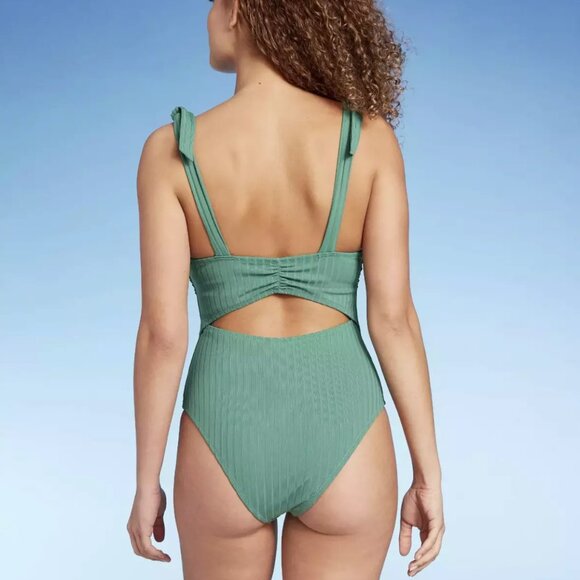 NWT Shade & Shore Green Ribbed Plunge Shoulder Tie One Piece Swimsuit Cheeky XS - Picture 2 of 6